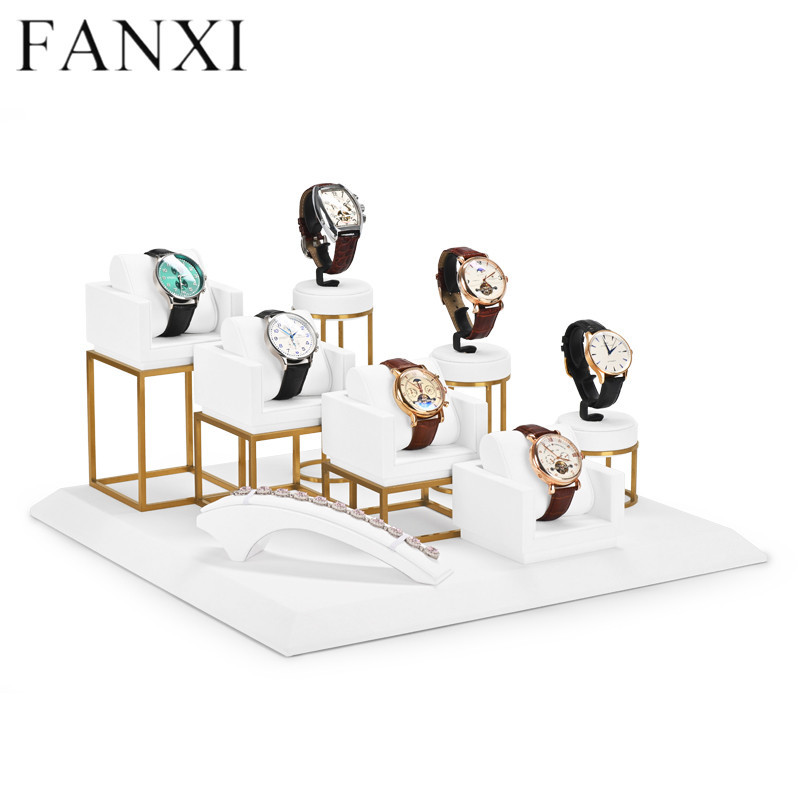 Luxury metal frame watch display set with white microfiber