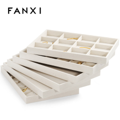 FANXI Manufacturer Jewelry Display Pro Accept Custom Beige Color Linen Wood Jewelry Display Tray