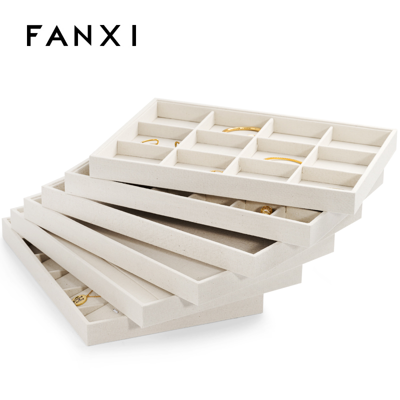 FANXI Manufacturer Jewelry Display Pro Accept Custom Beige Color Linen Wood Jewelry Display Tray