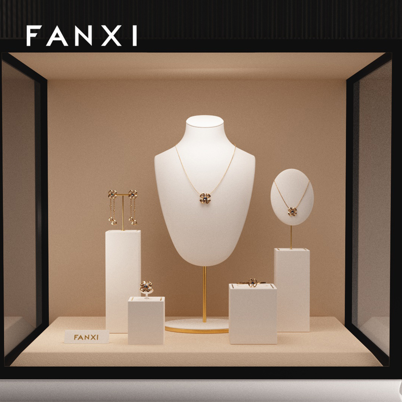 Luxury metal frame jewelry display set with white microfiber