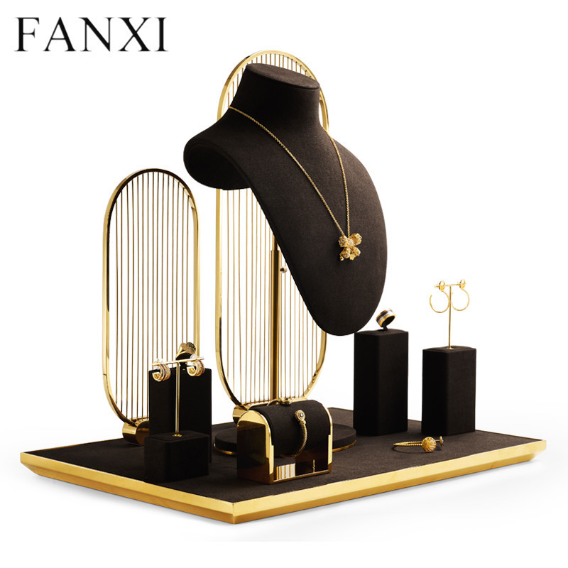 New design metal frame luxury jewelry display stand set with coffee microfiber