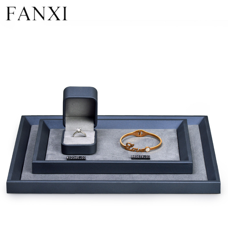 FANXI China new arrival Grey pu leather with microfiber jewelry display tray for ring necklace bangle jewelry showcase plate