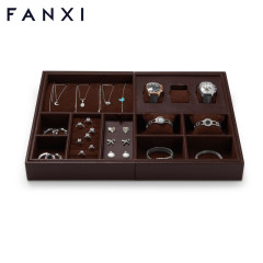FANXI new design multi function dark brown jewelry display tray for ring earring bangle necklace