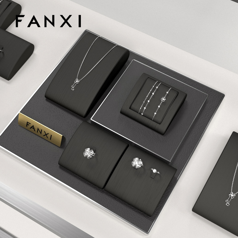 FANXI black luxury metal frame jewelry display set with pu leather