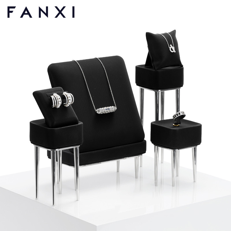 FANXI new design black leather jewelry display set with metal base for ring earring pendant