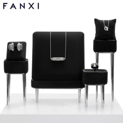 FANXI new design black leather jewelry display set with metal base for ring earring pendant