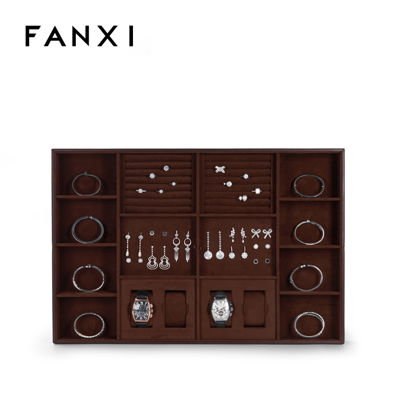 FANXI new design multi function dark brown jewelry display tray for ring earring bangle necklace