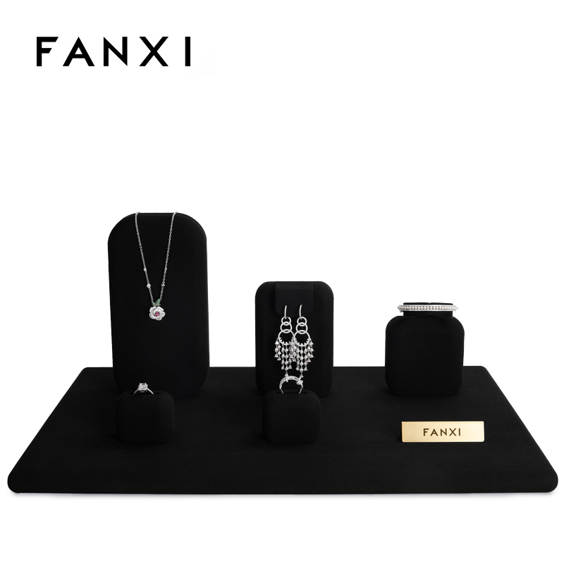 Fanxi Custom Black Window jewelry display cabinet with microfiber for ring earring necklace watch Jewelry display sets luxury