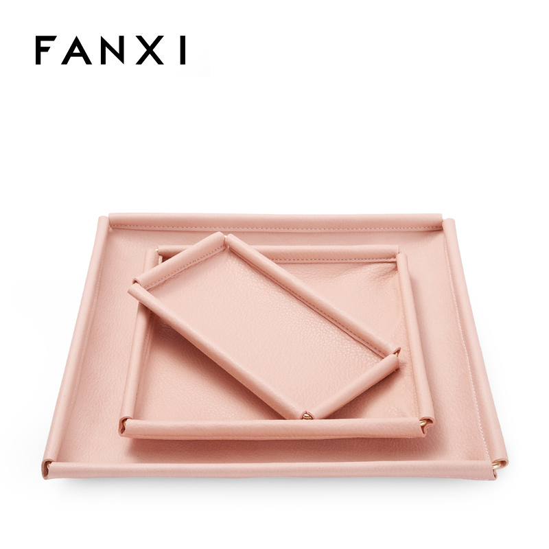 Custom colour metal frame pink pu leather jewelry display tray