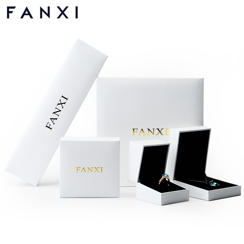 FANXI Custom Logo Jewelry Box With Black Velvet Insert For Ring Necklace Bracelet Bangle White Leatherette Paper Gift Jewellery Packaging Box