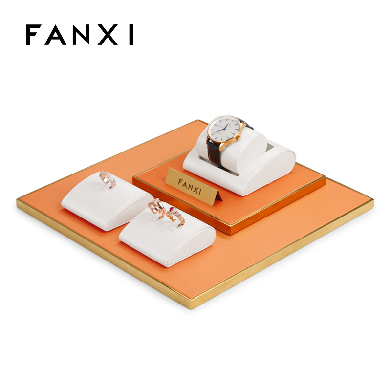 FANXI luxury metal frame leather jewelry display stand set