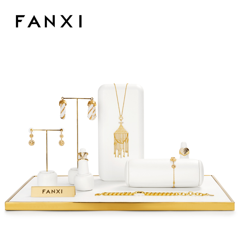 FANXI luxury metal frame white leather jewelry display stand set