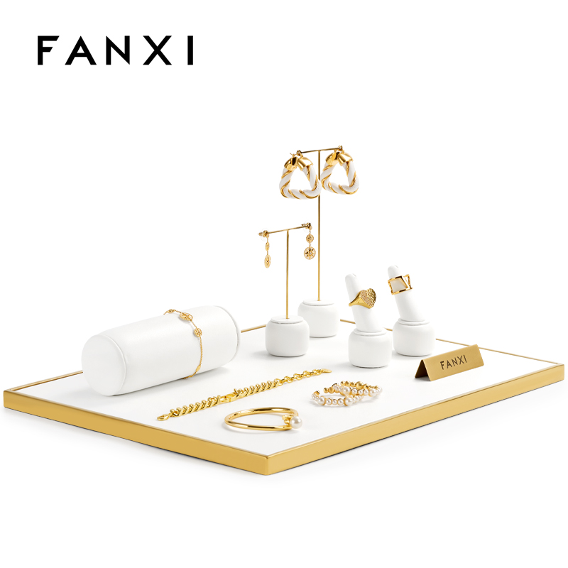 FANXI luxury metal frame white leather jewelry display stand set