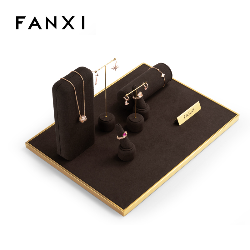 FANXI luxury metal frame brown microfiber jewelry display stand set