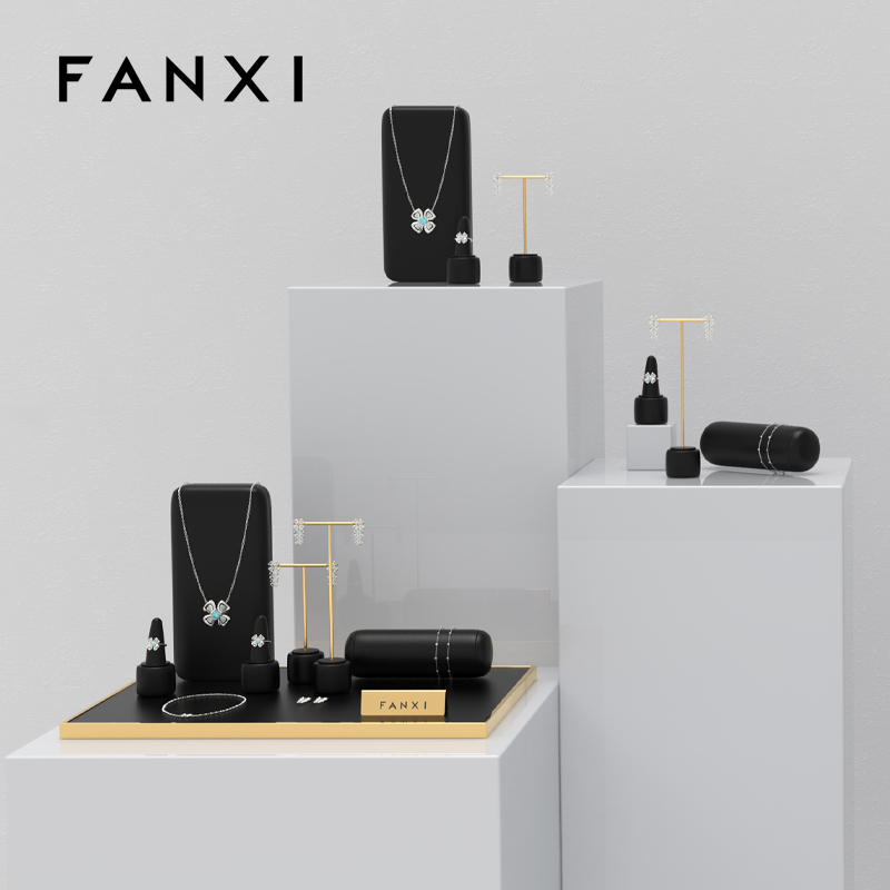 FANXI luxury metal frame black leather jewelry display stand set