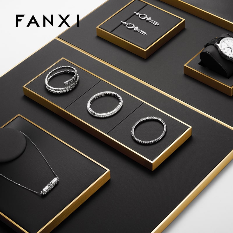 FANXI new design metal frame black leather jewellery display set