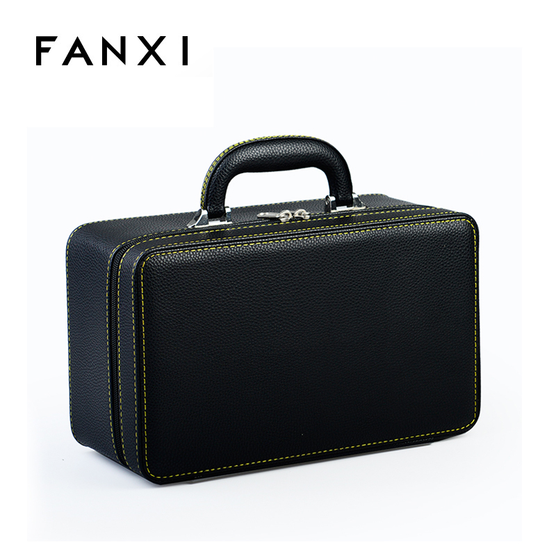 FANXI Factory Fine Workmanship Jewelry Storage Jewelry Organizer White Yellow Blue PU Leather Two Layers Jewelry Travel Case