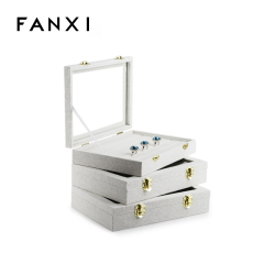 FANXI Jewelry Cases With Glass Lid For Ring Earrings Bracelet Necklace Storage Custom Beige Linen Jewelry Case