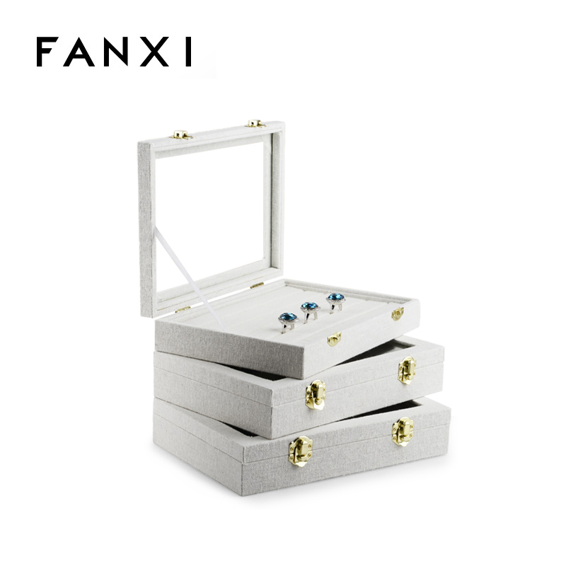 FANXI Jewelry Cases With Glass Lid For Ring Earrings Bracelet Necklace Storage Custom Beige Linen Jewelry Case