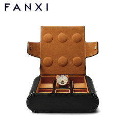 FANXI Custom Watch Organizer with velvet pilow insert and zipper and button Black PU Leather Watch case