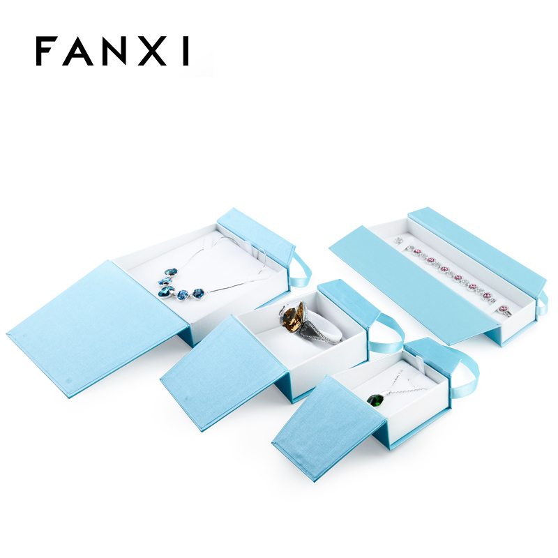 FANXI Custom Logo Cardboard Packaging Boxes With Magnetic And Velvet Insert For Jewellery Ring Necklace Bracelet Bangle Blue Jewelry Paper Gift Box