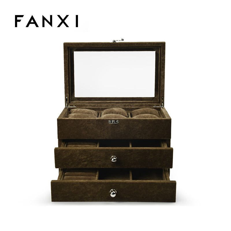 FANXI factory custom logo velvet jewellery organizer box with wood inside