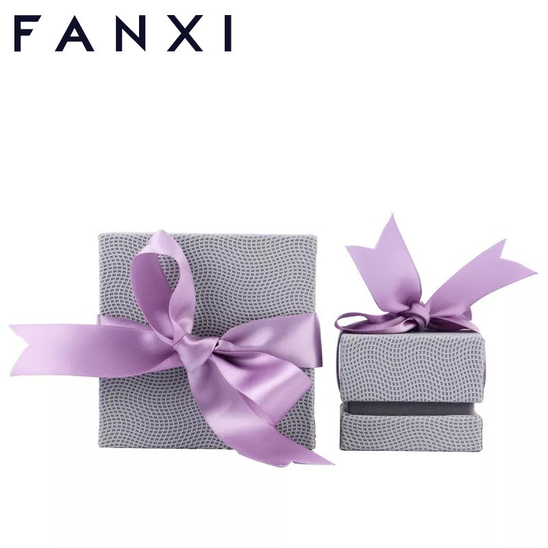 FANXI Gray PU Leather Jewellery Box With Velvet Insert And Purple Ribbon For Ring Necklace Earrings Pendant Wooden Jewelry Box