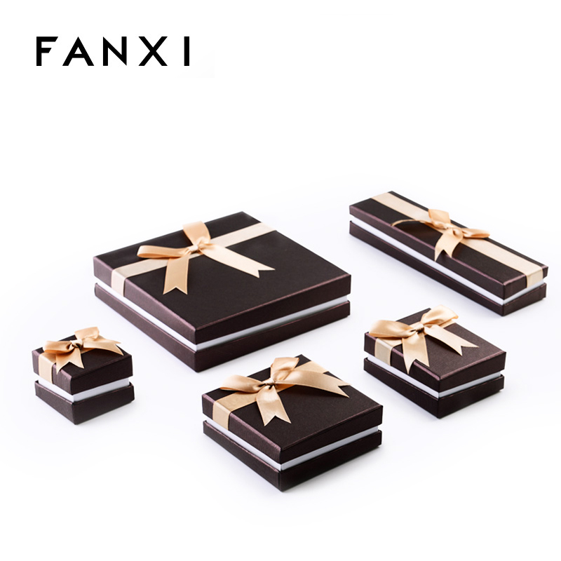 FANXI Custom Logo Chocolate Color Paper Jewellery Boxes With Gold Ribbon And Velvet insert For Jewelry gift Storage Cardbord Packing Box