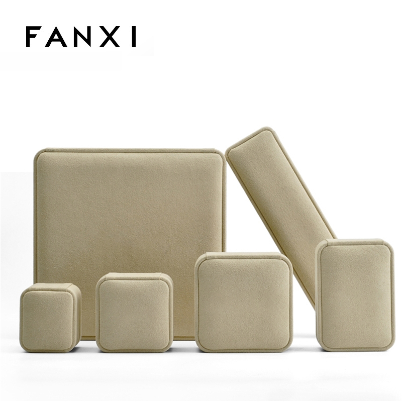 FANXI Factory Fine Workmanship Luxury Almond Color Microfiber Packing Ring Earring Bracelet Necklace Jewelry Box