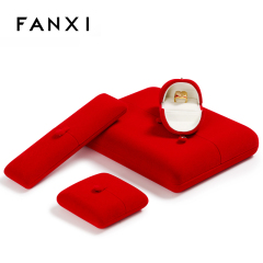 FANXI Custom Logo Plastic Jewelry Boxes With Button For Ring Double Ring Earrings Necklace Bangle Bracelet Packing Red Velvet Box