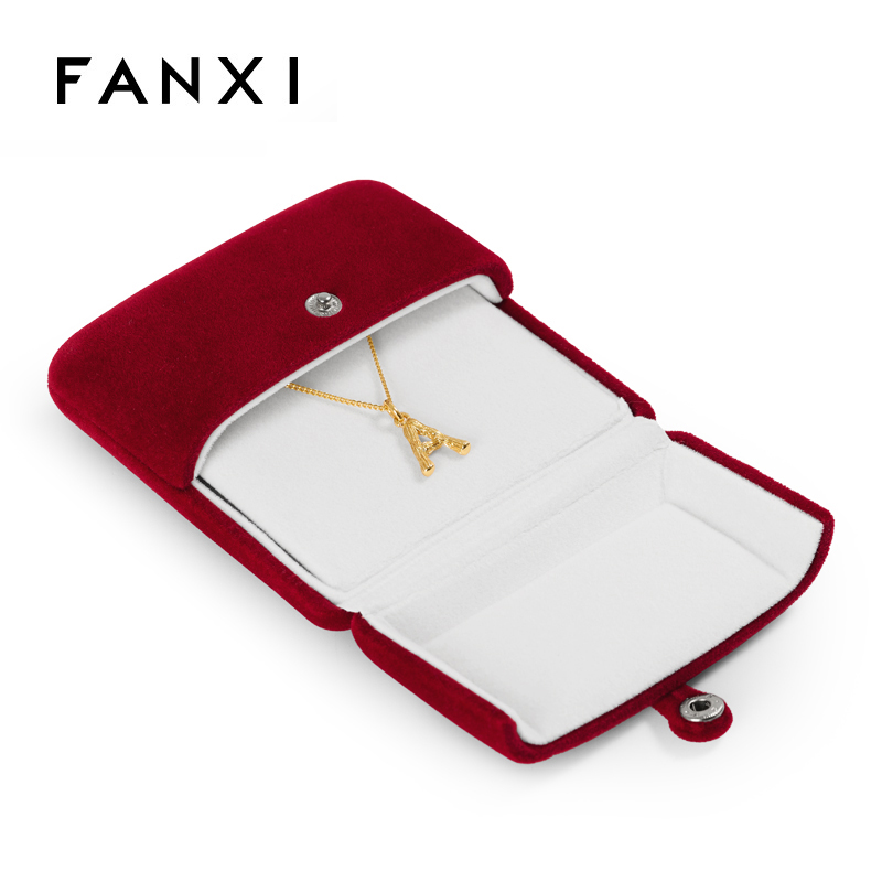 FANXI Wholesale Custom Logo Wine Red Double Door Packaging Boxes With Button For Ring Double Ring Necklace Bangle Bracelet Jewelry Velvet Gift Box