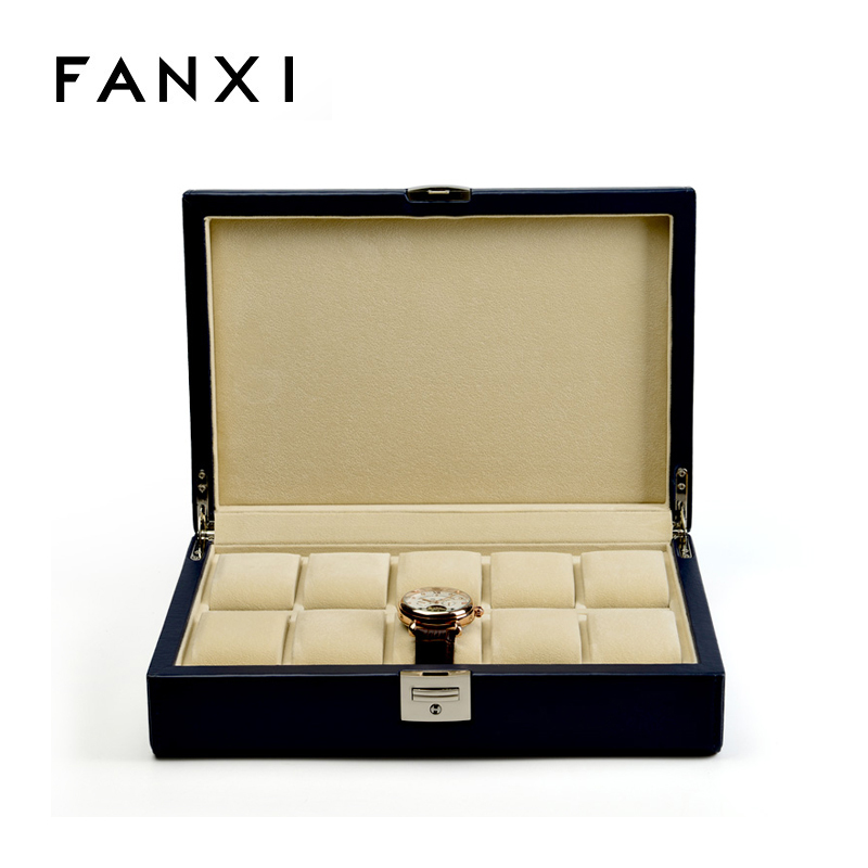 FANXI Custom Luxury Wooden Jewelry Cases Wrapped With Yellow And Dark Blue PU Leather With Velvet Insert For Bangle Bracelet Storage Luxury Watch Case