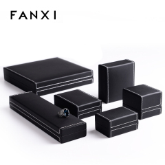 FANXI Custom Logo Plastic Packaging Boxes With Velvet Insert And White Sewing For Ring Double Ring Necklace Bracelet Black PU Leather Jewellery Box