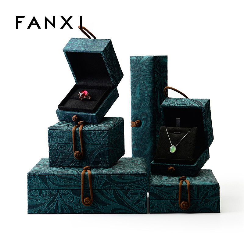 FANXI Unique Handmade Chinese Green Silk Embroidery Suede Insert Boxes for Jewelry Ring Pendant Bracelet Gift Packaging Box