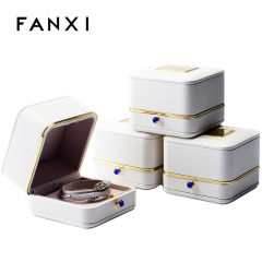 FANXI Custom Metal Laser Logo Gift Boxes With Silk Insert For Ring Necklace Bangle Storage Luxury White PU Leather Jewellery Box