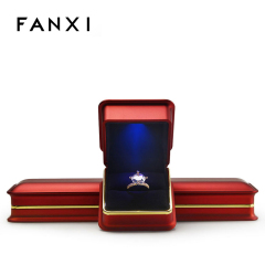 FANXI Custom Luxury Jewellery Packaging Box With Gold Rim And Black Velvet Insert For Ring Necklace Bracelet Packing Red Leather LED Jewelry Box