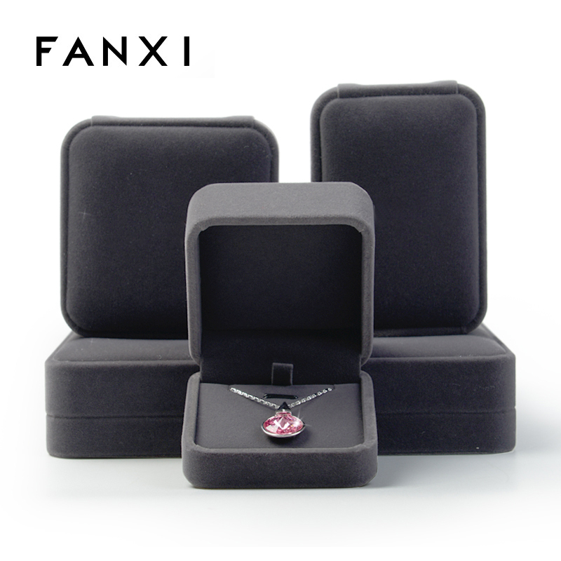 FANXI Wholesale Custom Logo Jewellery Packaging Boxes For Ring Earrings Necklace Bangle Bracelet And Watch Packing Gray Velvet Jewelry Box