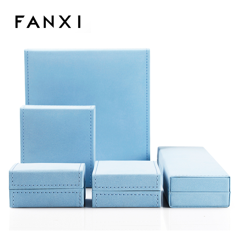FANXI Custom Logo Jewelry Box With Beige Velvet Insert For Ring Double Ring Necklace Bracelet Packing Sky Blue Leather Jewellery Box