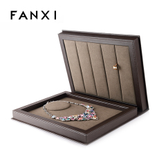 FANXI Custom Luxury Brown Book Shape Jewelry Display Tray For Rings Big Necklace Storage Leather Jewelry Case