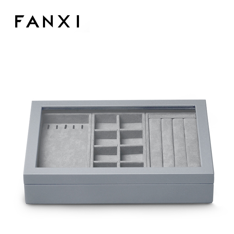 Gray leather stackable jewellery organizer display tray box for ring earring pendant bangle bracelet necklace