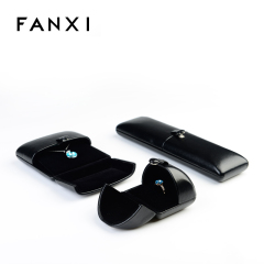 FANXI Deluxe Custom Logo Jewellery Boxes With Button And Velvet Insert For Ring Necklace Bangle Bracelet Black Leatherette Double Door Jewelry Box