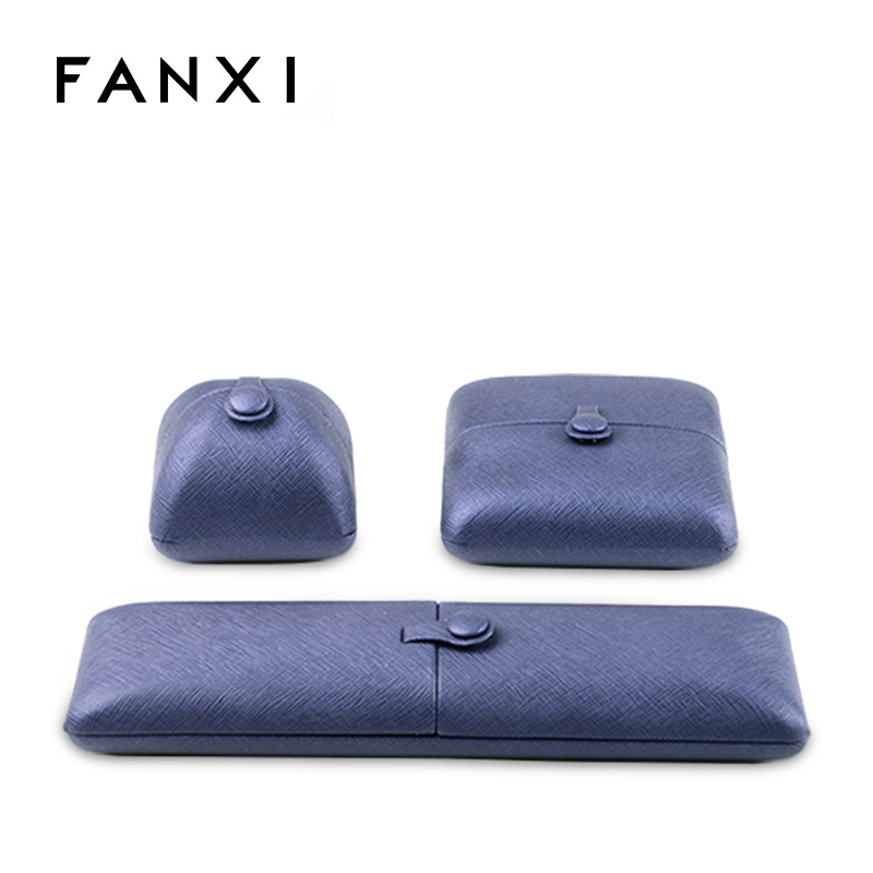 FANXI Custom Logo Jewelry Packaging Boxes With Black Velvet Insert And Button Double Door Blue PU Leather Jewellery Box