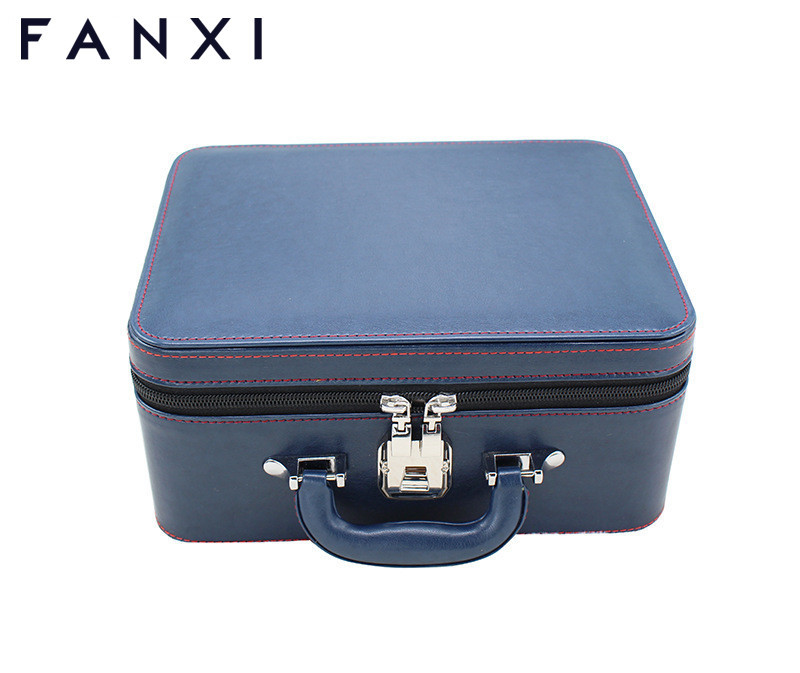 Blue brown leather multifunction jewelry storage box case