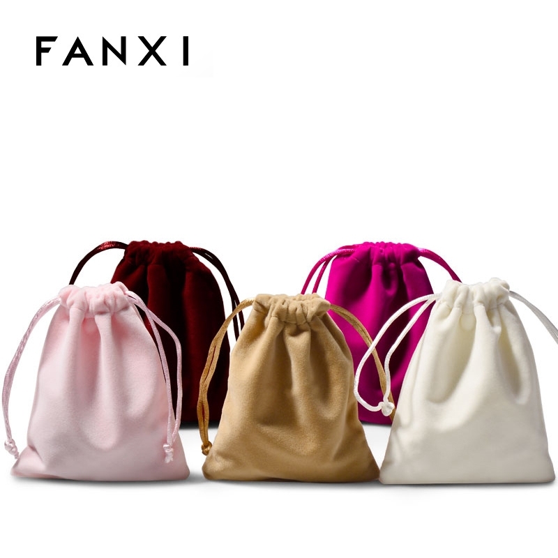 FANXI Custom Logo Jewellery Pouch Bag For Ring Necklace Watch Bracelet Packaging Light Pink Drawstring Velvet Jewelry Pouch
