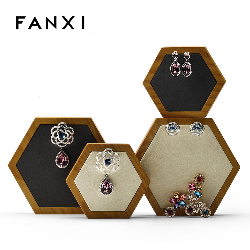 FANXI Wholesale Custom Gray And Beige Microfiber Jewellery Shop Showcase Hexagon Solid Wood Jewelry Display Props