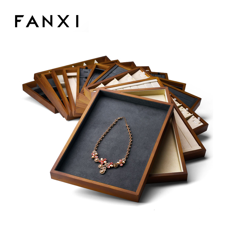 FANXI China New Stackable jewelry dark gray blank pendant ring tray creamy white solid wooden bracelet tray trinket tray