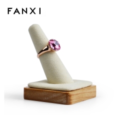 FANXI Wholesale Factory Beige And Gray Microfiber Jewelry Display Holder For Ring Exhibitor Organizer Solid Wood Core Finger Ring Display