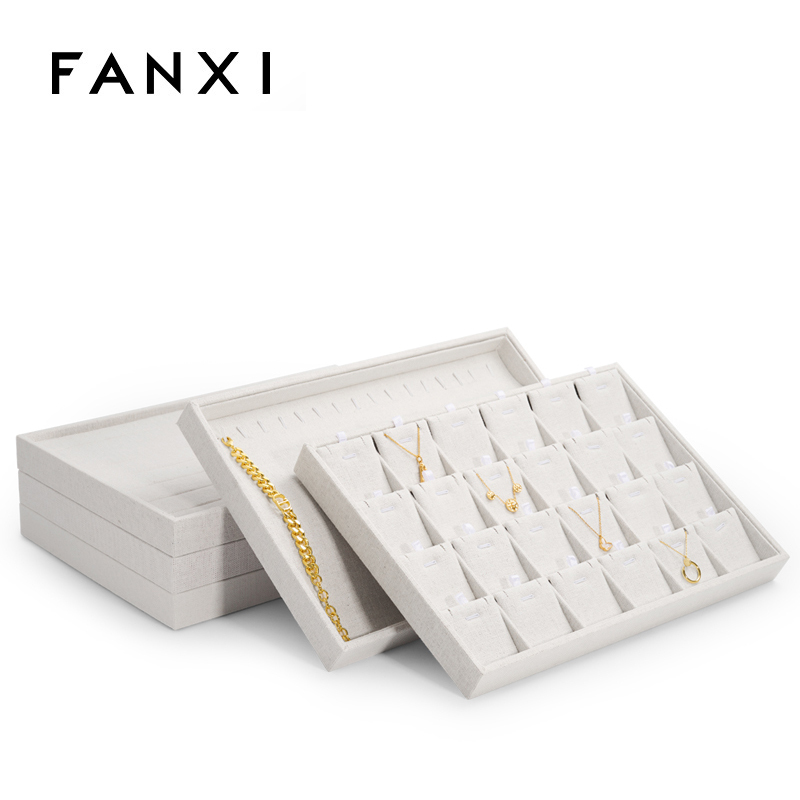 FANXI Wholesale factory custom stackable beige linen jewellery exhibitor case shop counter display ring pendant earring bangle jewelry trays
