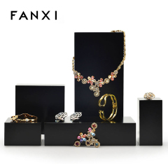 FANXI Custom Wooden Jewellery Exhibitor Organizer For Ring Necklace Bracelet Shop Counter Display Black Matte Finish Lacquer Square Jewelry Risers