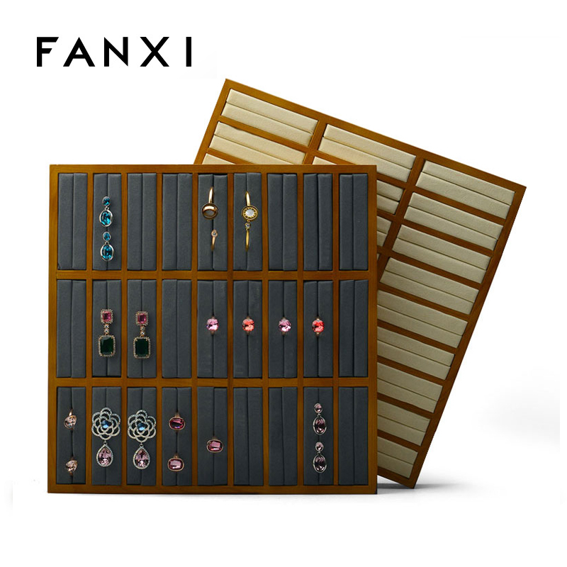 FANXI OEM Luxury Big Wood Jewellery Display Trays With Microfiber Insert For Bangle Ring Presentation Natural Wooden Jewelry Tray